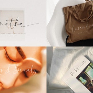 K&ouml;nnte beinhalten: Eine Collage aus vier Bildern, die die handgeschriebene Schriftart "Sanatha" in wei&szlig;er Schrift zeigt. Die Schriftart wird in verschiedenen Kontexten verwendet, darunter eine Tragetasche, ein Magazincover und eine Nahaufnahme eines Gesichts.