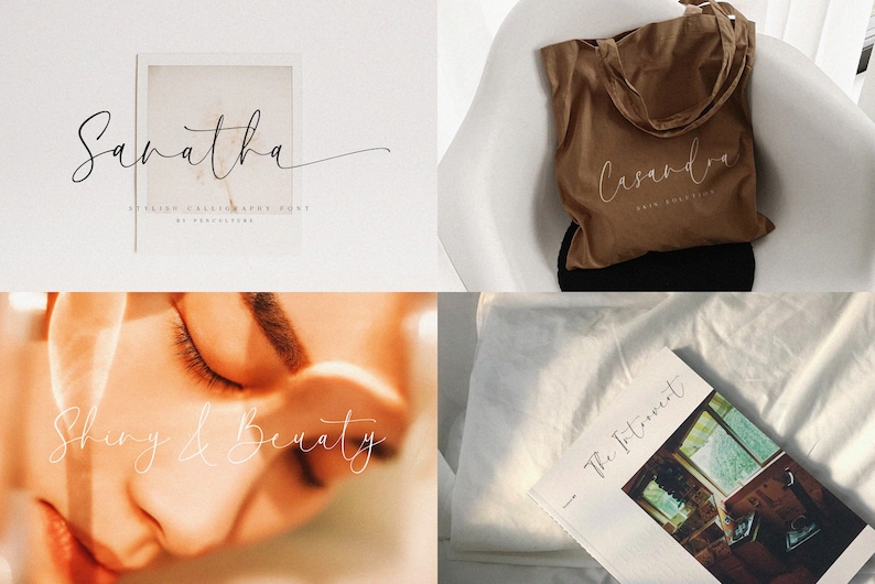 K&ouml;nnte beinhalten: Eine Collage aus vier Bildern, die die handgeschriebene Schriftart "Sanatha" in wei&szlig;er Schrift zeigt. Die Schriftart wird in verschiedenen Kontexten verwendet, darunter eine Tragetasche, ein Magazincover und eine Nahaufnahme eines Gesichts.