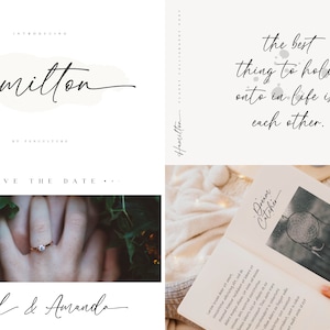 Puede incluir: Una tarjeta de guardar la fecha de boda con una fuente manuscrita. La tarjeta presenta las manos de una pareja con un anillo en el dedo de la mujer, una cita sobre el amor y el texto "Hamilton" en una fuente de escritura.