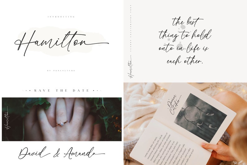 Puede incluir: Una tarjeta de guardar la fecha de boda con una fuente manuscrita. La tarjeta presenta las manos de una pareja con un anillo en el dedo de la mujer, una cita sobre el amor y el texto "Hamilton" en una fuente de escritura.