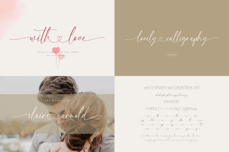 K&ouml;nnte beinhalten: Eine Kalligrafie-Schriftart namens "Lovely Calligraphy" mit einem Herzsymbol. Die Schriftart wird in verschiedenen Stilen gezeigt, darunter Gro&szlig;buchstaben, Kleinbuchstaben, Zahlen und Satzzeichen. Die Schriftart wird auch in einem Hochzeitskarten-Design mit dem Text "The Wedding of Claire Arnold" gezeigt.