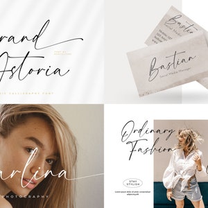 K&ouml;nnte beinhalten: Eine Sammlung von vier Bildern, die eine handgeschriebene Schriftart zeigen. Die Schriftart wird in verschiedenen Beispielen verwendet, darunter eine Visitenkarte, ein Foto-Logo und ein Mode-Logo. Die Schriftart ist elegant und stilvoll, mit einem modernen Kalligrafie-Stil.