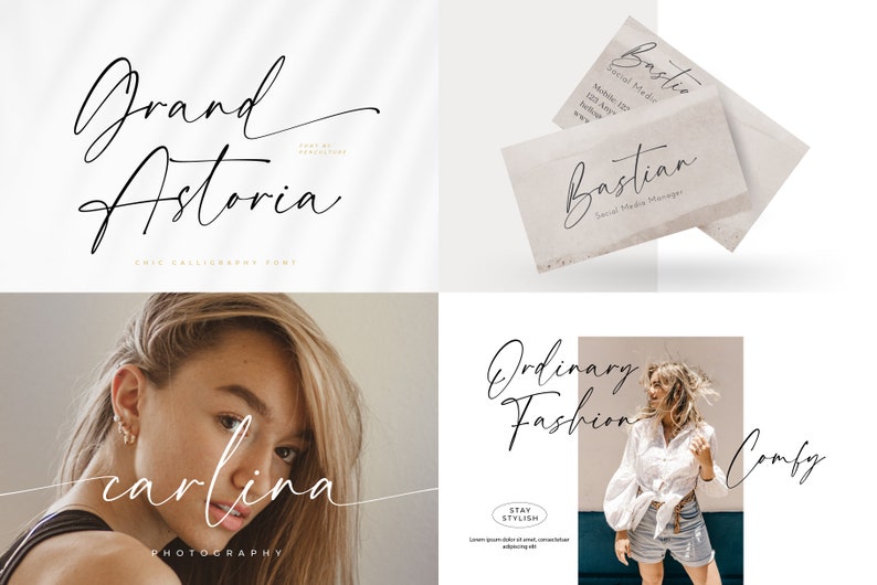 K&ouml;nnte beinhalten: Eine Sammlung von vier Bildern, die eine handgeschriebene Schriftart zeigen. Die Schriftart wird in verschiedenen Beispielen verwendet, darunter eine Visitenkarte, ein Foto-Logo und ein Mode-Logo. Die Schriftart ist elegant und stilvoll, mit einem modernen Kalligrafie-Stil.