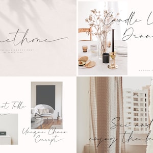 Puede incluir: Un collage de cuatro im&aacute;genes que presentan una fuente manuscrita llamada "Semethone". Las im&aacute;genes muestran un dise&ntilde;o de mesa minimalista, un ambiente de cena a la luz de las velas, un concepto de silla &uacute;nico y una vista de una ciudad a trav&eacute;s de una ventana con el texto "Ver y disfrutar de la belleza".