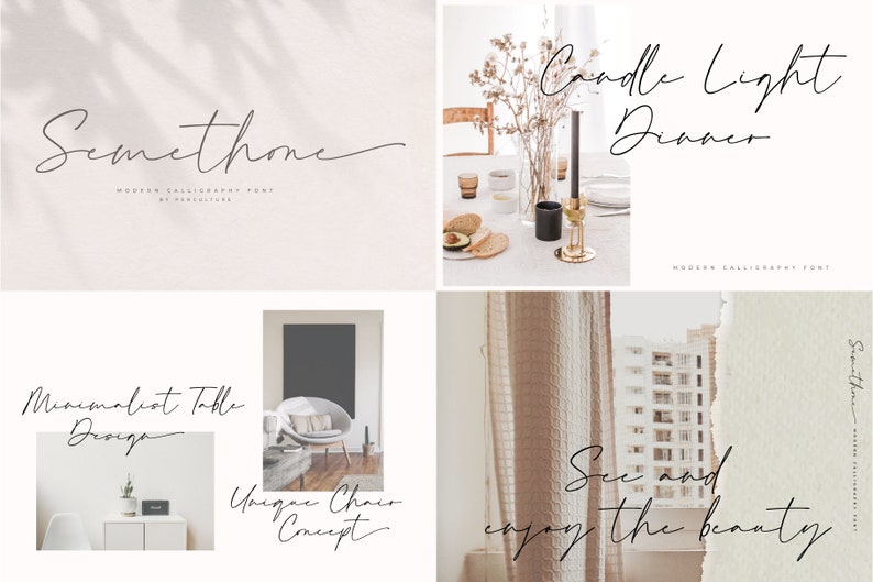 Puede incluir: Un collage de cuatro im&aacute;genes que presentan una fuente manuscrita llamada "Semethone". Las im&aacute;genes muestran un dise&ntilde;o de mesa minimalista, un ambiente de cena a la luz de las velas, un concepto de silla &uacute;nico y una vista de una ciudad a trav&eacute;s de una ventana con el texto "Ver y disfrutar de la belleza".