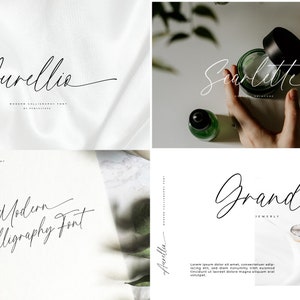 Puede incluir: Cuatro ejemplos diferentes de fuentes de caligraf&iacute;a moderna. Las fuentes se muestran en tinta negra sobre fondo blanco. Las fuentes son "Aurelia", "Scarlett", "Grande" y "Modern Calligraphy Font".