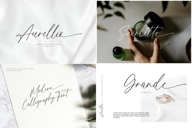 Puede incluir: Cuatro ejemplos diferentes de fuentes de caligraf&iacute;a moderna. Las fuentes se muestran en tinta negra sobre fondo blanco. Las fuentes son "Aurelia", "Scarlett", "Grande" y "Modern Calligraphy Font".