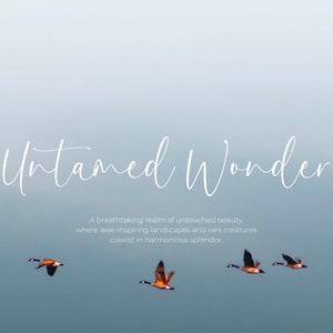 May include: A white text graphic on a blue gradient background reads "Untamed Wonder" with a tagline below: "A breathtaking realm of untouched beauty, where awe-inspiring landscapes and rare creatures coexist in harmonious splendor."