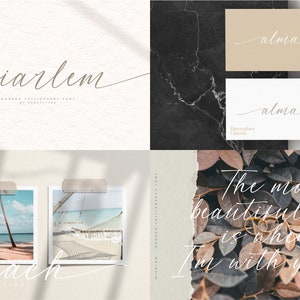 Puede incluir: Una ilustraci&oacute;n digital de una fuente manuscrita llamada "miarlem" en un estilo de caligraf&iacute;a moderna. La fuente se muestra en una variedad de ejemplos, incluyendo las palabras "alma", "Beach" y "The most beautiful time is when I'm with you".