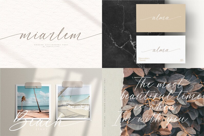 Puede incluir: Una ilustraci&oacute;n digital de una fuente manuscrita llamada "miarlem" en un estilo de caligraf&iacute;a moderna. La fuente se muestra en una variedad de ejemplos, incluyendo las palabras "alma", "Beach" y "The most beautiful time is when I'm with you".