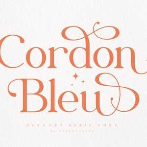 May include: Cordon Bleu font in a peachy-orange colour. The font is elegant and serif. The text "Elegant Serif Font by Pencilletters" is below the main text.
