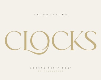 Peut inclure: Un design graphique pour une police de caractères appelée "Clocks", une police serif moderne de Penculture.