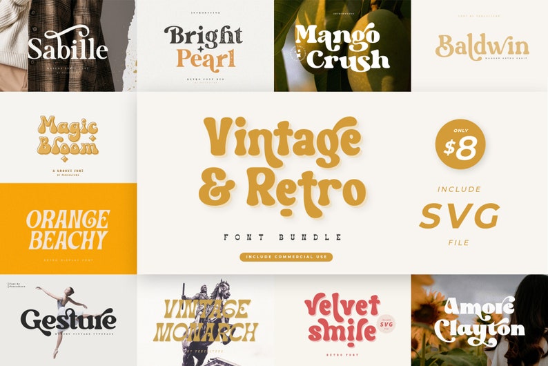 May include: A collection of 10 vintage and retro font bundles. The fonts are displayed in a variety of colors and styles, including yellow, orange, red, and black. The text includes the names of the fonts, such as "Sabille", "Bright Pearl", "Mango Crush", "Baldwin", "Magic Bloom", "Orange Beachy", "Vintage Monarch", "Velvet Smile", and "Amore Clayton".