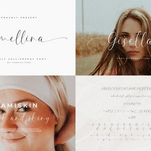 K&ouml;nnte beinhalten: Ein Satz von vier Kalligrafie-Schriftarten, "Amellina", "Gisella", "AMISKIN" und "Fresh and shiny". Die Schriftarten werden auf einem wei&szlig;en Hintergrund mit dem Gesicht einer Frau im Hintergrund angezeigt.