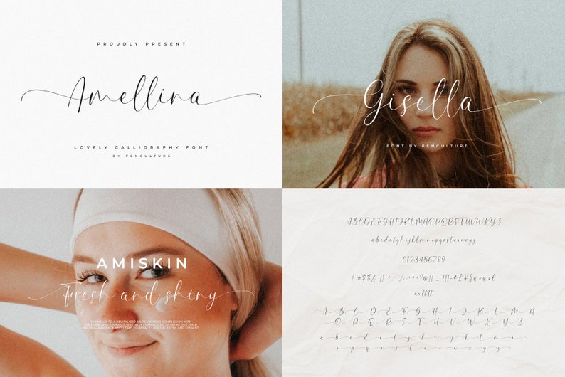 K&ouml;nnte beinhalten: Ein Satz von vier Kalligrafie-Schriftarten, "Amellina", "Gisella", "AMISKIN" und "Fresh and shiny". Die Schriftarten werden auf einem wei&szlig;en Hintergrund mit dem Gesicht einer Frau im Hintergrund angezeigt.