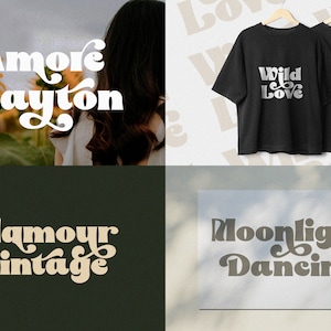 May include: Four different designs featuring retro-style typography. The designs include "Amore Clayton", "Wild Love", "Glamour Vintage", and "Moonlight Dancing".