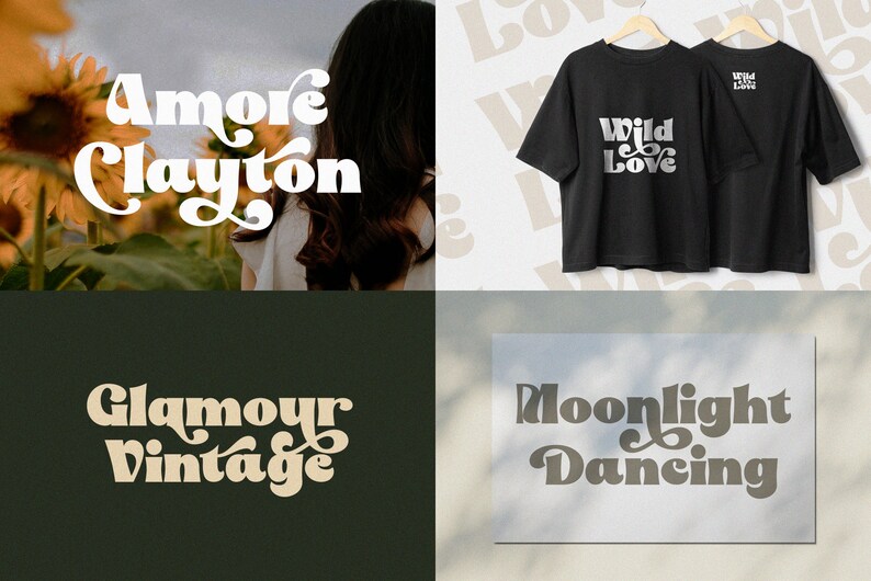 May include: Four different designs featuring retro-style typography. The designs include "Amore Clayton", "Wild Love", "Glamour Vintage", and "Moonlight Dancing".