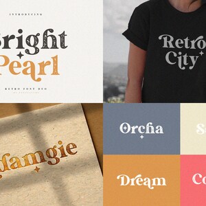 May include: A graphic design featuring a retro font style with the text "Bright Pearl" in black and orange with a star design. The text "Retro Font Duo" is also included in the design. The font is also used in other examples of text, including "Madfangle", "Orcha", "Sofuna", "Dream", "Coastco", and "Retro City".