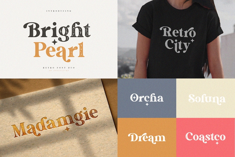 May include: A graphic design featuring a retro font style with the text "Bright Pearl" in black and orange with a star design. The text "Retro Font Duo" is also included in the design. The font is also used in other examples of text, including "Madfangle", "Orcha", "Sofuna", "Dream", "Coastco", and "Retro City".
