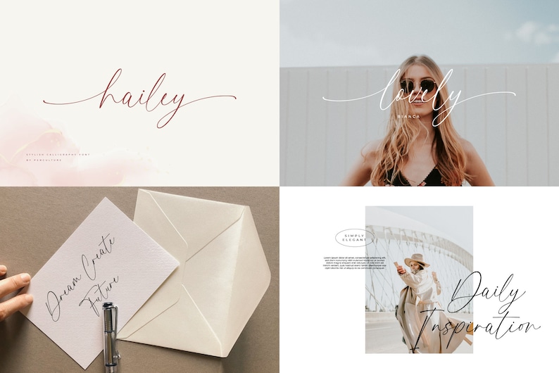 Puede incluir: Una colecci&oacute;n de cuatro im&aacute;genes que muestran una fuente de letra manuscrita. La primera imagen presenta la palabra "hailey" en una escritura cursiva. La segunda imagen presenta la palabra "lovely" en una escritura cursiva. La tercera imagen presenta las palabras "Dream Create Future" en una escritura cursiva. La cuarta imagen presenta las palabras "Daily Inspiration" en una escritura cursiva.