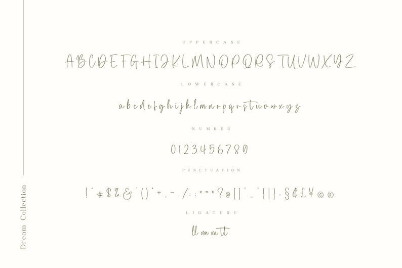 May include: A handwritten font alphabet in green, showing uppercase and lowercase letters, numbers, punctuation marks, and ligatures. The font is called "Dream Collection".