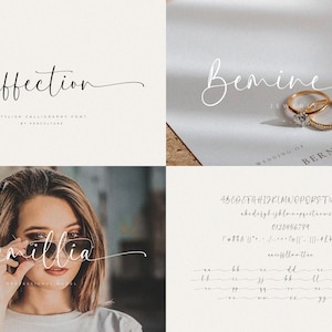 K&ouml;nnte beinhalten: Eine Kalligrafie-Schriftart namens "Affection" mit handschriftlichem Stil. Die Schriftart wird in verschiedenen W&ouml;rtern gezeigt, darunter "affection", "emillia" und "Bernice". Die Schriftart enth&auml;lt auch Zahlen und Satzzeichen.