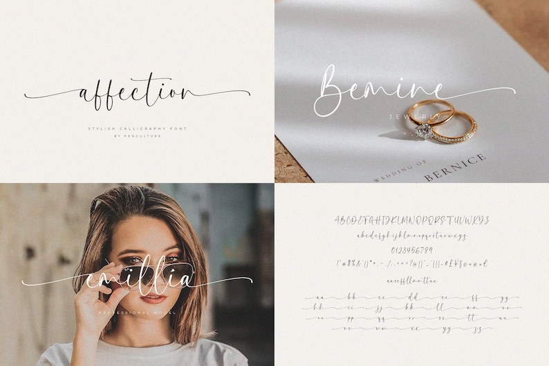 K&ouml;nnte beinhalten: Eine Kalligrafie-Schriftart namens "Affection" mit handschriftlichem Stil. Die Schriftart wird in verschiedenen W&ouml;rtern gezeigt, darunter "affection", "emillia" und "Bernice". Die Schriftart enth&auml;lt auch Zahlen und Satzzeichen.