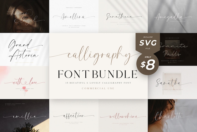 K&ouml;nnte beinhalten: Ein digitales Download-Paket mit 15 Kalligrafie-Schriften. Die Schriften werden in verschiedenen Stilen angezeigt und eignen sich perfekt, um jedem Projekt einen Hauch von Eleganz zu verleihen. Das Paket enth&auml;lt eine SVG-Datei und ist f&uuml;r kommerzielle Zwecke nutzbar.