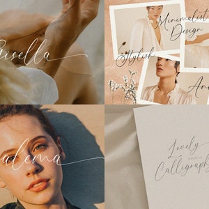 Puede incluir: Un collage de im&aacute;genes con fuentes de caligraf&iacute;a escritas a mano. Las fuentes se muestran en una variedad de fondos, incluyendo una mano, una tarjeta blanca y un fondo floral. El texto incluye las palabras "Gisella", "Andrea", "Salem", "Dise&ntilde;o Minimalista", "Elegante" y "Hermosa Caligraf&iacute;a".