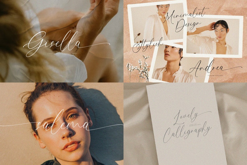 Puede incluir: Un collage de im&aacute;genes con fuentes de caligraf&iacute;a escritas a mano. Las fuentes se muestran en una variedad de fondos, incluyendo una mano, una tarjeta blanca y un fondo floral. El texto incluye las palabras "Gisella", "Andrea", "Salem", "Dise&ntilde;o Minimalista", "Elegante" y "Hermosa Caligraf&iacute;a".