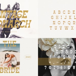 May include: Vintage Monarch font design with a gold color. The font includes uppercase letters, numbers, and punctuation marks. The font is displayed on a white background.