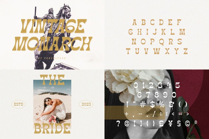 May include: Vintage Monarch font design with a gold color. The font includes uppercase letters, numbers, and punctuation marks. The font is displayed on a white background.