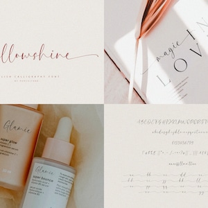 K&ouml;nnte beinhalten: Nahaufnahme von zwei Flaschen mit Hautpflegeprodukten, die mit "Glamic" und dem Text "super glow" und "super bounce" gekennzeichnet sind. Die Flaschen stehen auf einer hellbraunen Oberfl&auml;che. Das Bild zeigt auch eine handgeschriebene Schriftart namens "willowshine" mit einer Beispielschrift des Alphabets und der Zahlen.