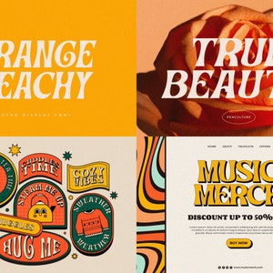 May include: A retro-style font called "Orange Beachy" is displayed in a yellow background. The font is used to create various designs, including a website banner with the text "Music Merch" and a discount offer, and a set of colorful stickers with phrases like "Tea Time", "Cuddle Time", "Cozy Vibes", and "Hug Me".