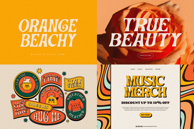 May include: A retro-style font called "Orange Beachy" is displayed in a yellow background. The font is used to create various designs, including a website banner with the text "Music Merch" and a discount offer, and a set of colorful stickers with phrases like "Tea Time", "Cuddle Time", "Cozy Vibes", and "Hug Me".
