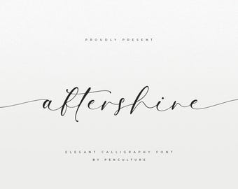 May include: A black and white image of the word "aftershine" written in a cursive font. The text is centred on a white background. The text is above the words "Elegant Calligraphy Font" and "By Penculture".