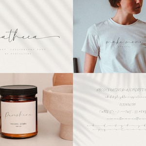 K&ouml;nnte beinhalten: Eine handgeschriebene Schriftart namens "Senatheea" in Schwarz auf wei&szlig;em Hintergrund. Die Schriftart ist elegant und kursiv. Der Text "make move" ist in der Schriftart auf einem wei&szlig;en T-Shirt geschrieben. Das Alphabet der Schriftart wird mit Klein- und Gro&szlig;buchstaben, Zahlen und Satzzeichen angezeigt.