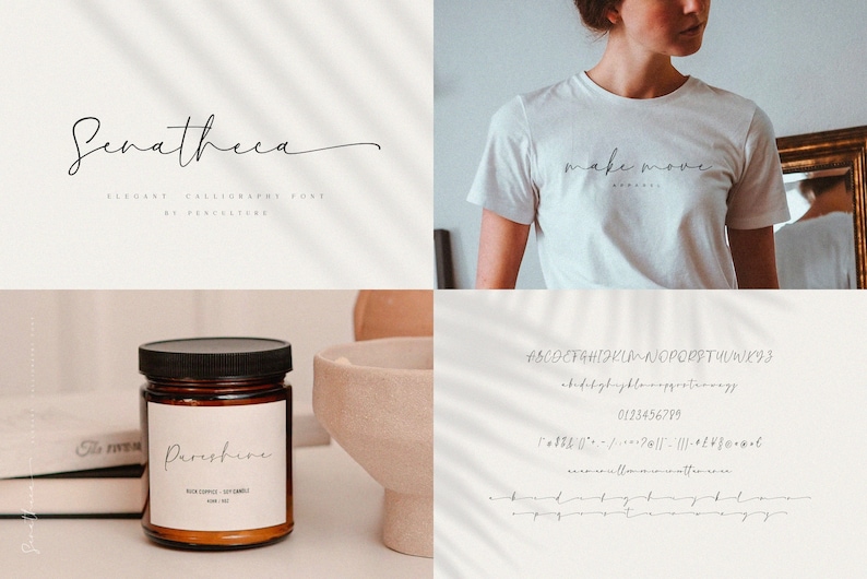 K&ouml;nnte beinhalten: Eine handgeschriebene Schriftart namens "Senatheea" in Schwarz auf wei&szlig;em Hintergrund. Die Schriftart ist elegant und kursiv. Der Text "make move" ist in der Schriftart auf einem wei&szlig;en T-Shirt geschrieben. Das Alphabet der Schriftart wird mit Klein- und Gro&szlig;buchstaben, Zahlen und Satzzeichen angezeigt.