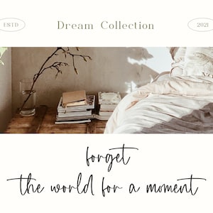May include: A photograph of a bedroom with a bed made with white linens and a throw pillow with a dragonfly design. The bed is in front of a wall with a window and a small table with a vase of branches and a stack of books. The text "forget the world for a moment" is written in cursive below the image.