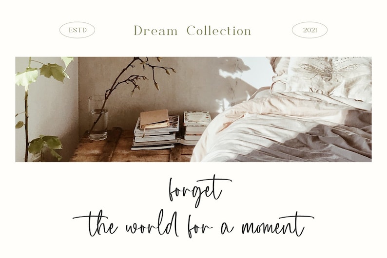 May include: A photograph of a bedroom with a bed made with white linens and a throw pillow with a dragonfly design. The bed is in front of a wall with a window and a small table with a vase of branches and a stack of books. The text "forget the world for a moment" is written in cursive below the image.