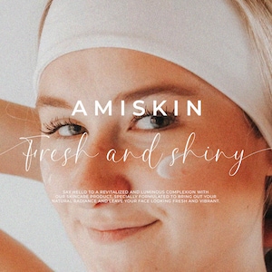 K&ouml;nnte beinhalten: Eine Frau mit einem wei&szlig;en Stirnband hat einen frischen und strahlenden Teint. Der Text "AMISKIN Fresh and Shiny" ist &uuml;ber das Bild gelegt. Der Text darunter lautet "Sagen Sie Hallo zu einem revitalisierten und strahlenden Teint mit unserem Hautpflegeprodukt, das speziell entwickelt wurde, um Ihren nat&uuml;rlichen Glanz hervorzuheben und Ihr Gesicht frisch und strahlend aussehen zu lassen."