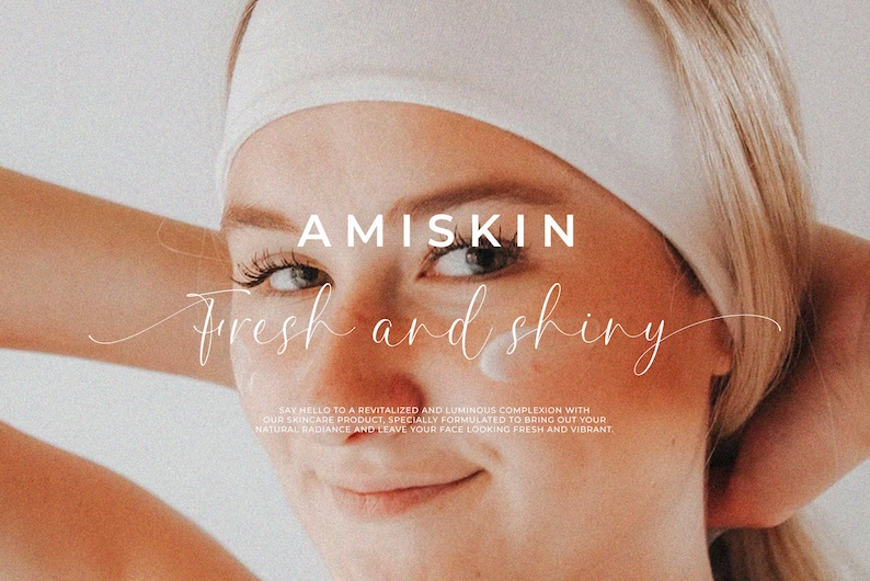 K&ouml;nnte beinhalten: Eine Frau mit einem wei&szlig;en Stirnband hat einen frischen und strahlenden Teint. Der Text "AMISKIN Fresh and Shiny" ist &uuml;ber das Bild gelegt. Der Text darunter lautet "Sagen Sie Hallo zu einem revitalisierten und strahlenden Teint mit unserem Hautpflegeprodukt, das speziell entwickelt wurde, um Ihren nat&uuml;rlichen Glanz hervorzuheben und Ihr Gesicht frisch und strahlend aussehen zu lassen."