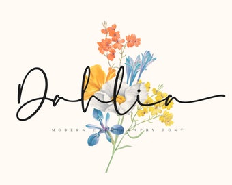 May include: Dahlia, a modern calligraphy font, is displayed in a handwritten style with a floral illustration of orange, yellow, white, and blue flowers.