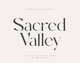 May include: A graphic design for a font called "Sacred Valley" with the text "Ligature Serif Font by Penculture" below it.