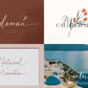 Puede incluir: Una descarga digital de una fuente de caligraf&iacute;a moderna llamada "Andaman" de Fonticello. La fuente se muestra en un fondo marr&oacute;n con un logotipo dorado. La fuente tambi&eacute;n se muestra en un fondo blanco con el texto "Historical Momentum" y en un fondo azul con el texto "Santorini".