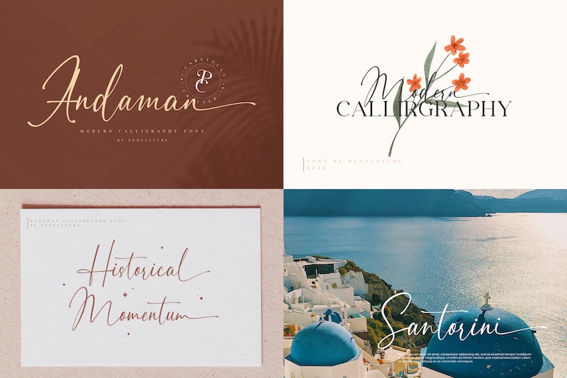 Puede incluir: Una descarga digital de una fuente de caligraf&iacute;a moderna llamada "Andaman" de Fonticello. La fuente se muestra en un fondo marr&oacute;n con un logotipo dorado. La fuente tambi&eacute;n se muestra en un fondo blanco con el texto "Historical Momentum" y en un fondo azul con el texto "Santorini".
