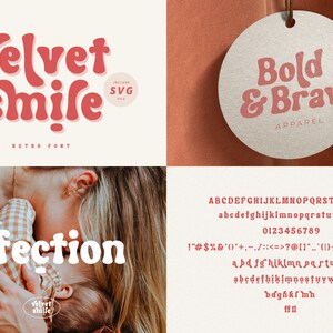 May include: A retro font called "Velvet Smile" with a pink and white color scheme. The font includes uppercase and lowercase letters, numbers, and punctuation marks. The font is displayed on a white background with a small circle containing the text "SVG" in the upper right corner.