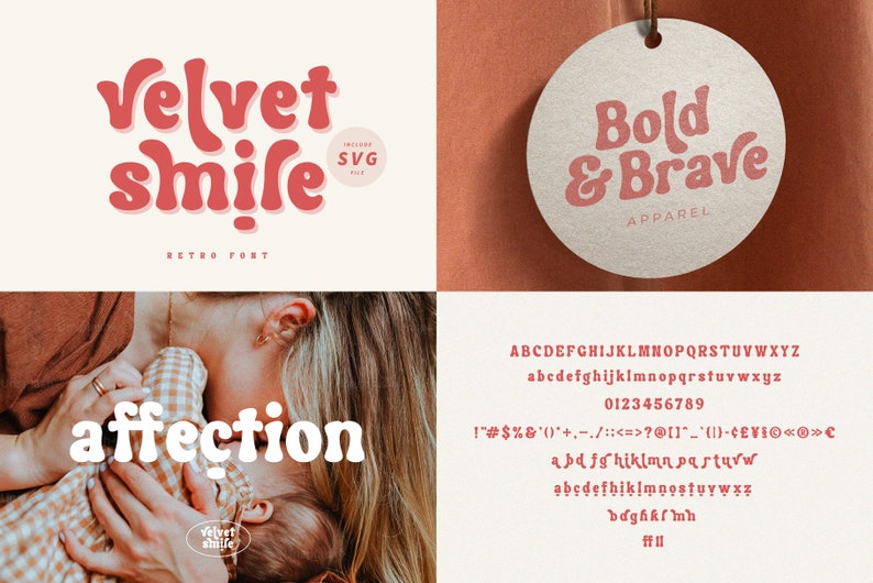 May include: A retro font called "Velvet Smile" with a pink and white color scheme. The font includes uppercase and lowercase letters, numbers, and punctuation marks. The font is displayed on a white background with a small circle containing the text "SVG" in the upper right corner.