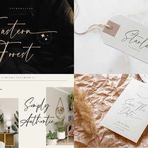 Puede incluir: Un conjunto de cuatro im&aacute;genes que muestran una fuente manuscrita llamada "Eastern Forest". La fuente se utiliza en varios contextos, incluyendo un logotipo, una etiqueta, una tarjeta de visita y una tarjeta de guardar la fecha. La fuente es elegante y moderna, con un estilo de escritura fluido.