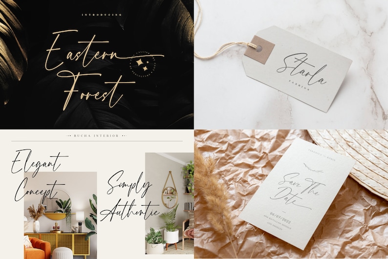 Puede incluir: Un conjunto de cuatro im&aacute;genes que muestran una fuente manuscrita llamada "Eastern Forest". La fuente se utiliza en varios contextos, incluyendo un logotipo, una etiqueta, una tarjeta de visita y una tarjeta de guardar la fecha. La fuente es elegante y moderna, con un estilo de escritura fluido.